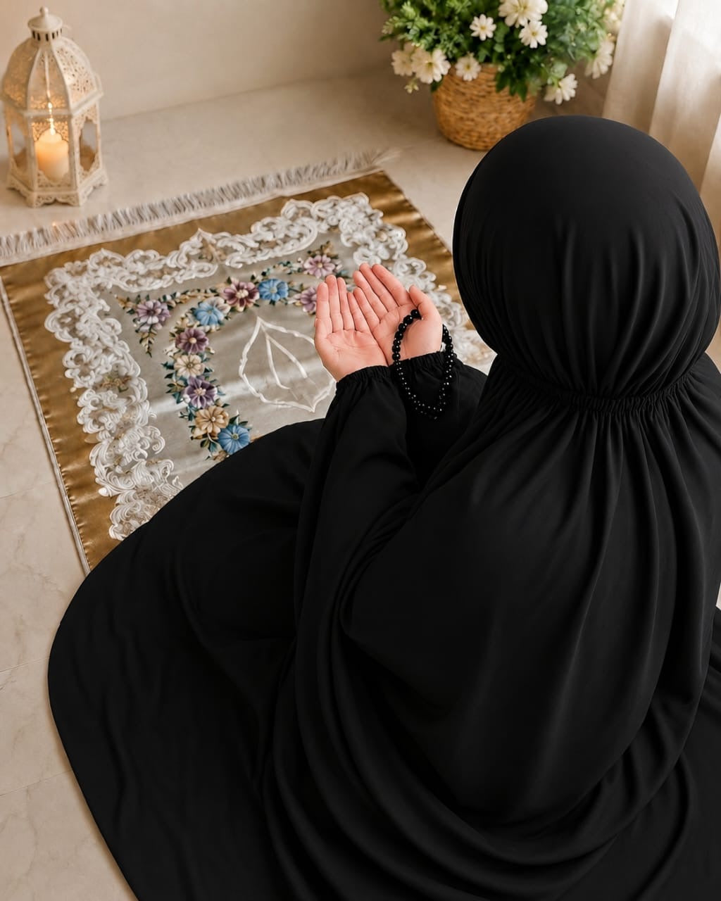 Plain Black Namaz Chaddar With Sleeves And Naqab