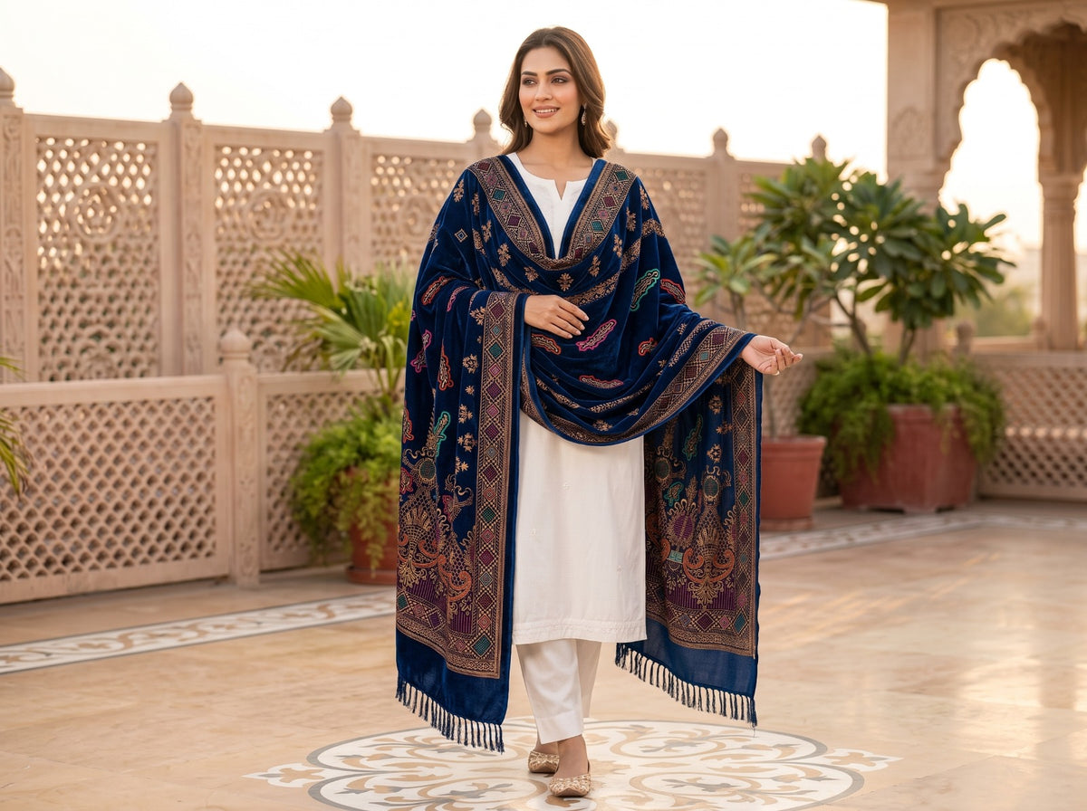 Premium Printed Velvet Shawl D-01 Navy Blue
