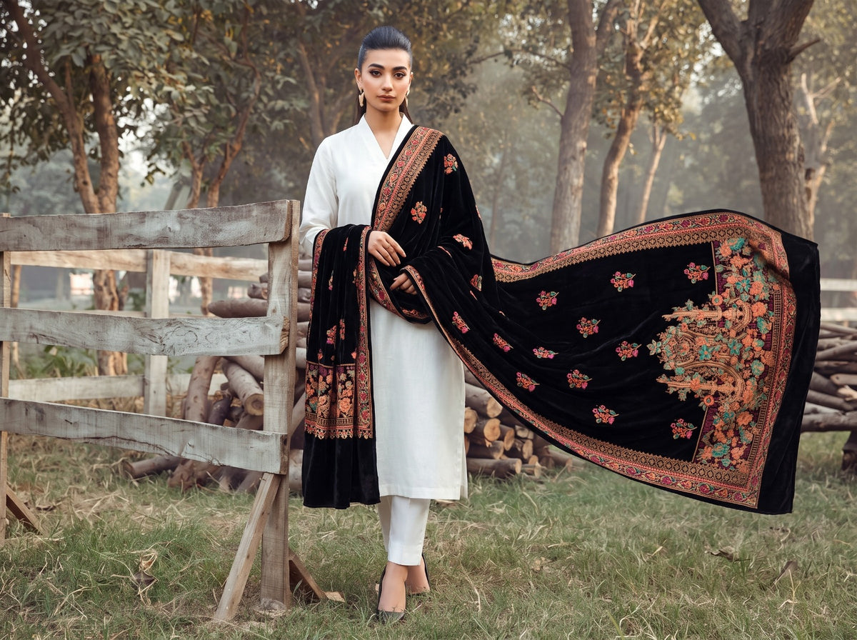 Premium Printed Velvet Shawl D-05 Black