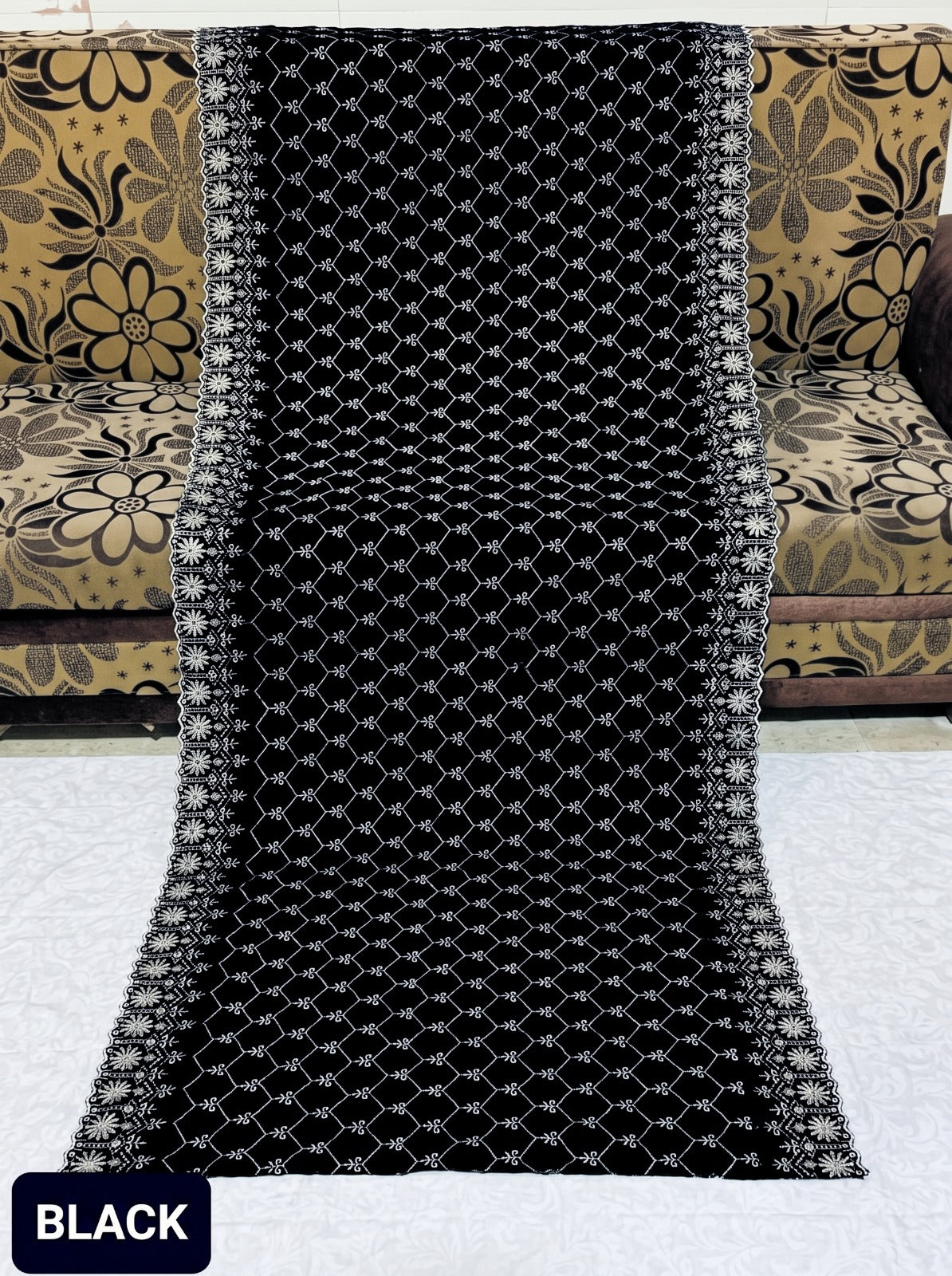 Premium Embroided Velvet Shawl D-06 Black
