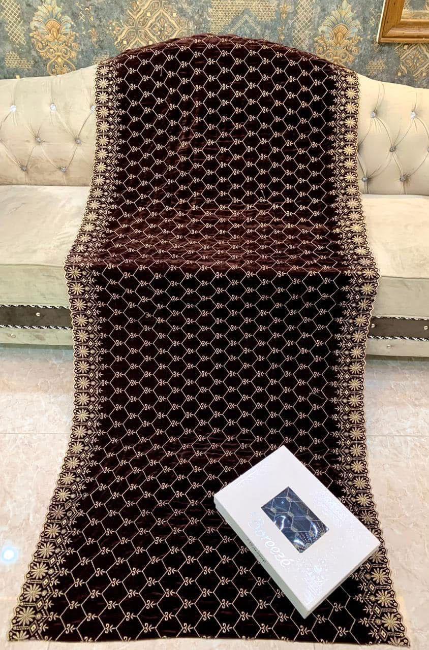 Premium Embroided Velvet Shawl D-06 Brown