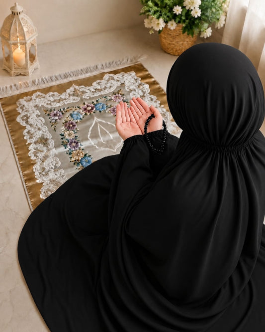 Plain Black Namaz Chaddar With Sleeves And Naqab
