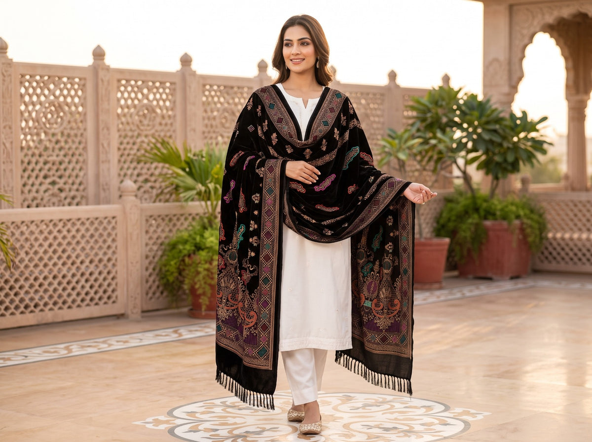Premium Printed Velvet Shawl D-01 Black