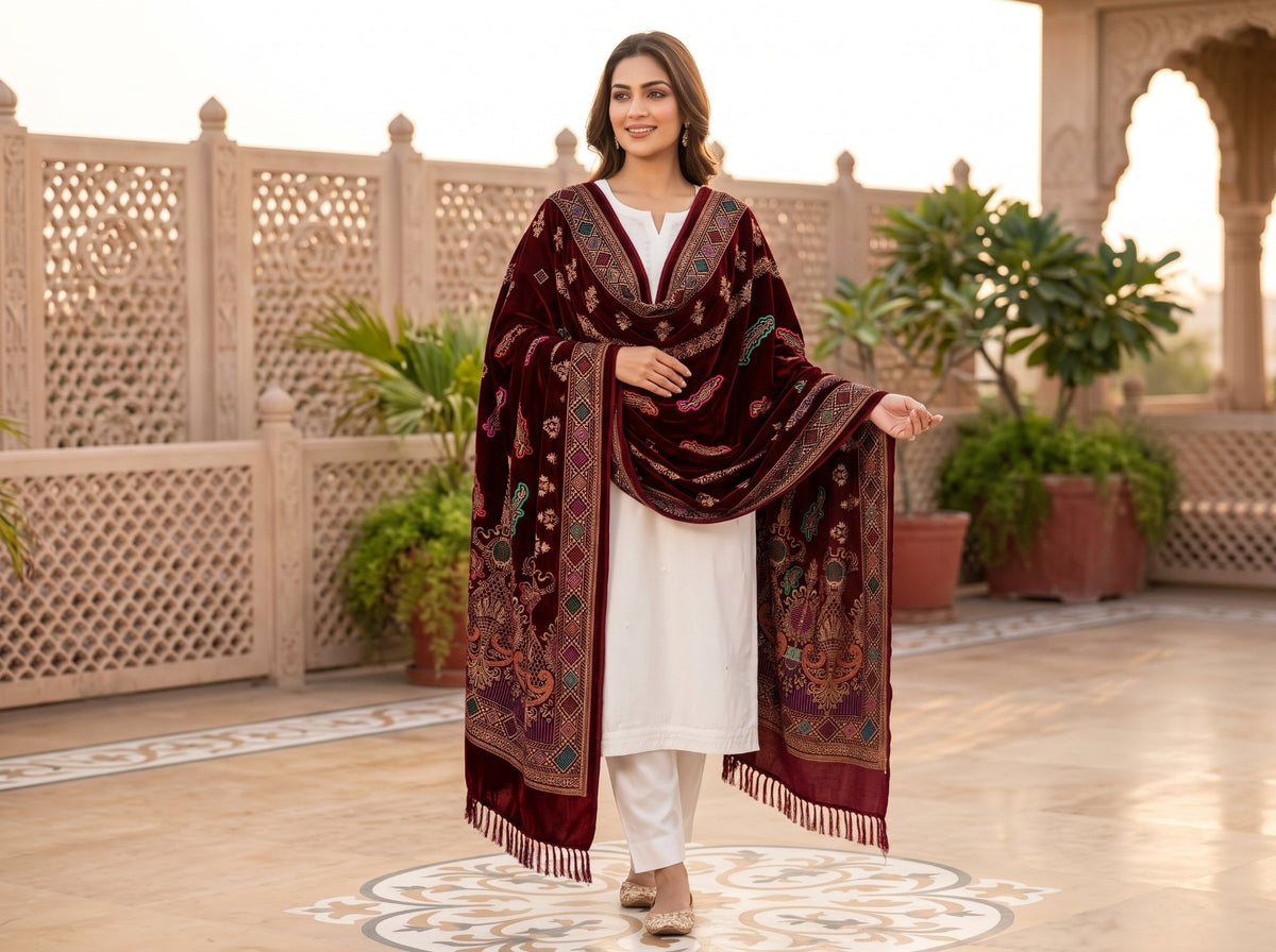 Premium Printed Velvet Shawl D-01 Mehroon