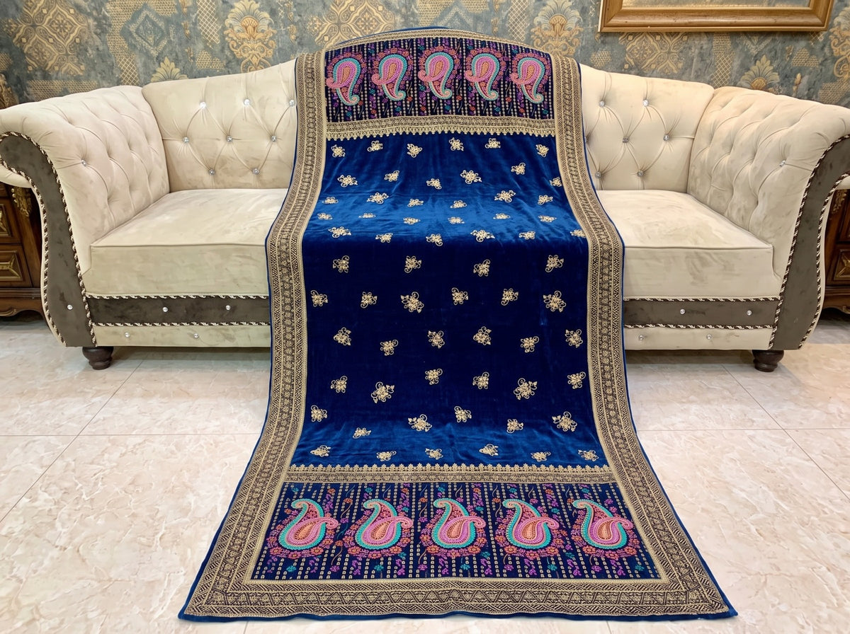 Premium Printed Velvet Shawl D-03 Navy Blue