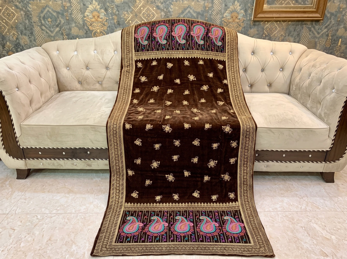 Premium Printed Velvet Shawl D-03 Brown