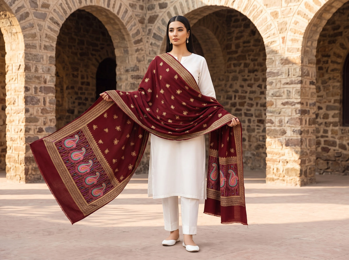 Premium Printed Velvet Shawl D-03 Mehroon