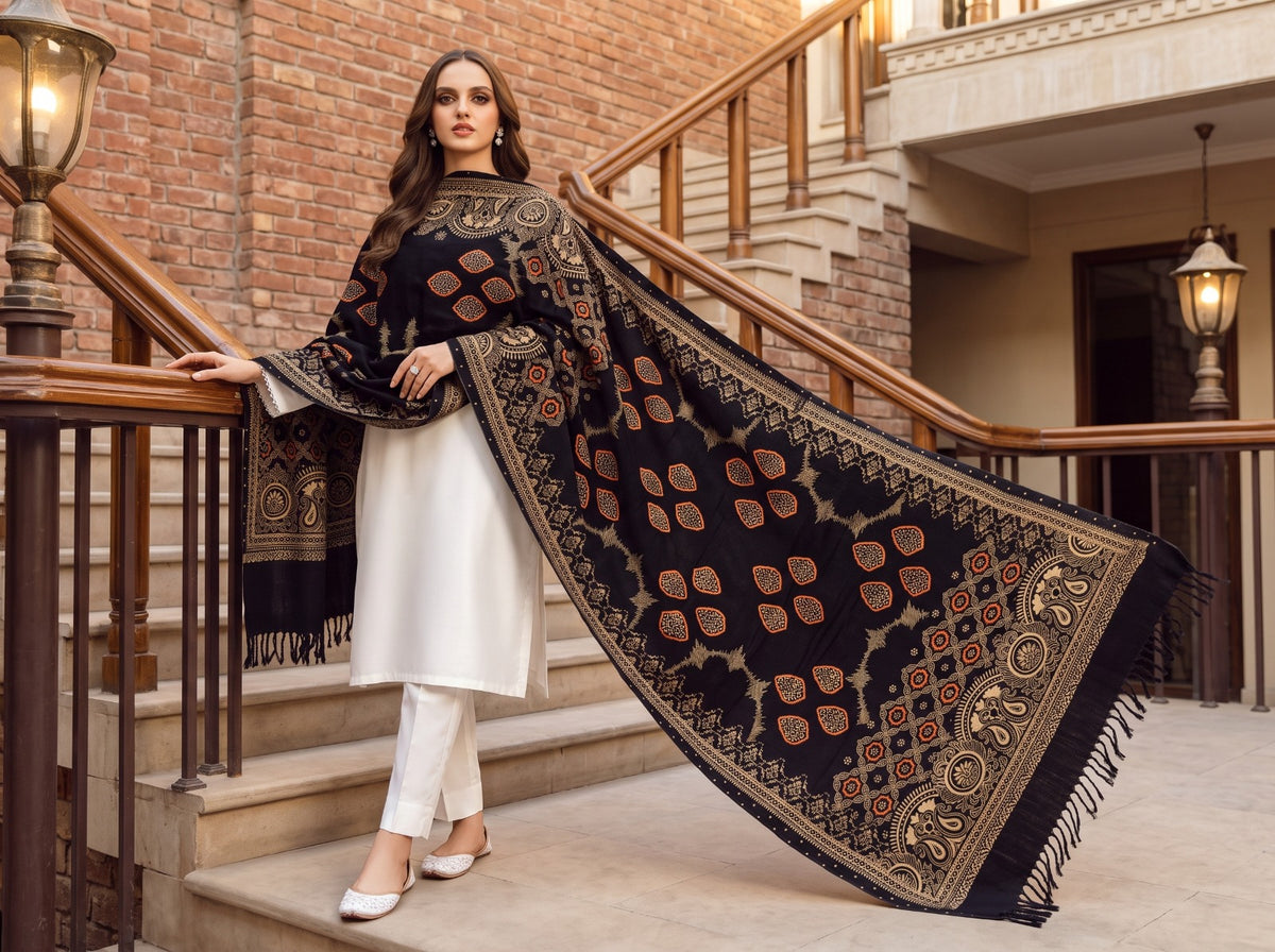 Premium Printed Velvet Shawl D-04 Black