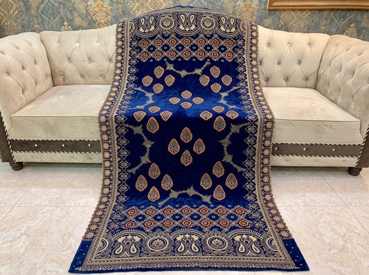 Premium Printed Velvet Shawl D-04 Navy Blue
