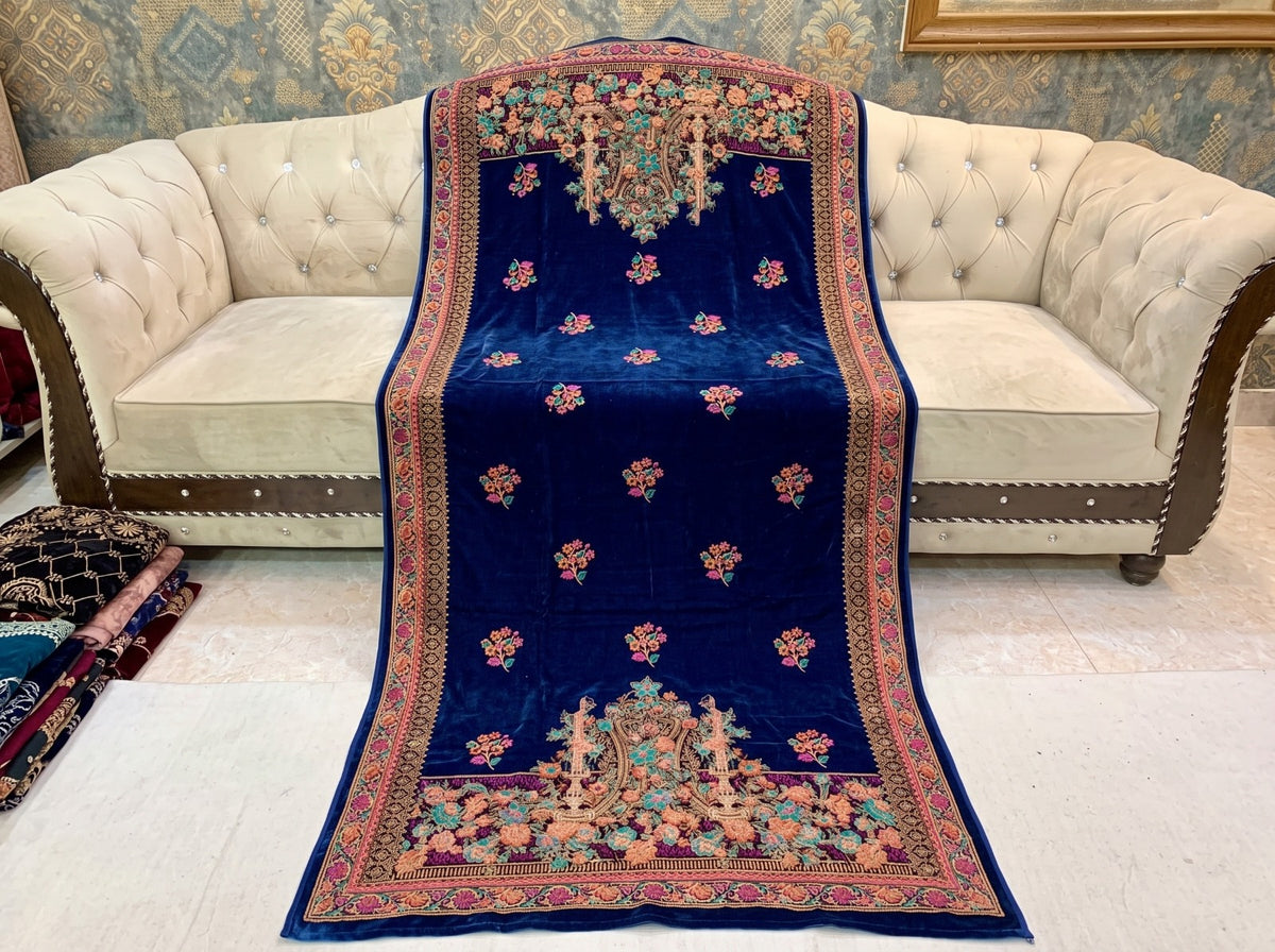 Premium Printed Velvet Shawl D-05 Navy Blue
