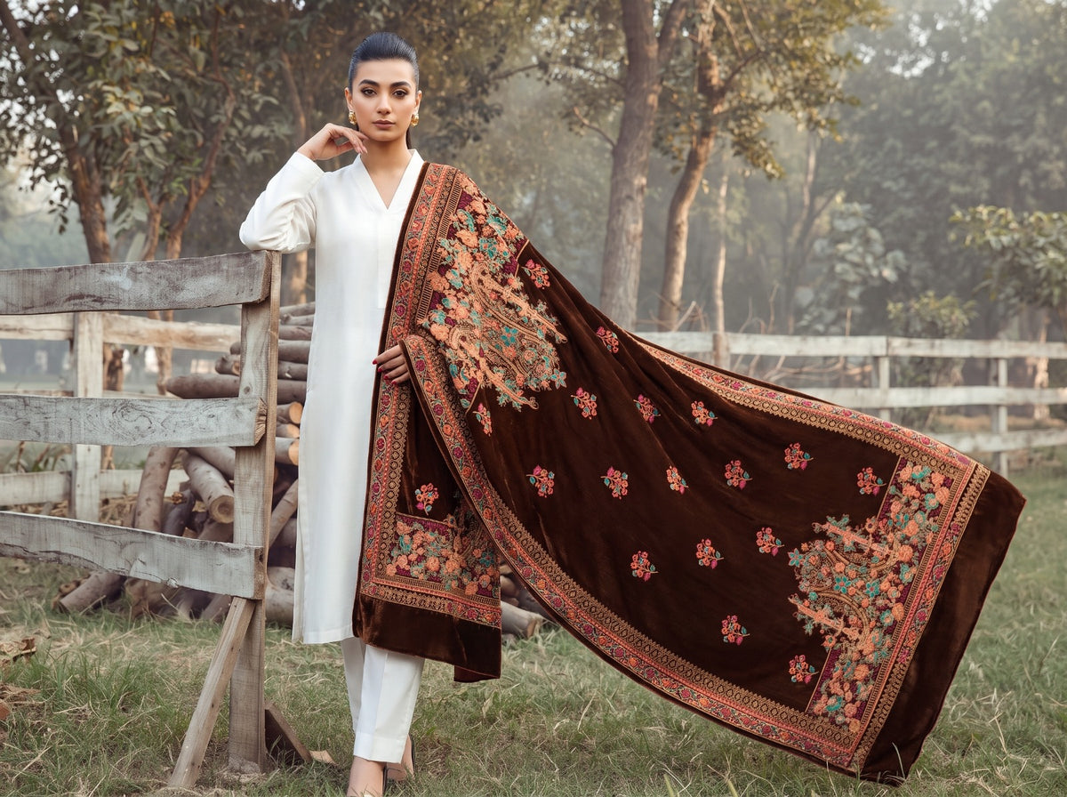 Premium Printed Velvet Shawl D-05 Brown