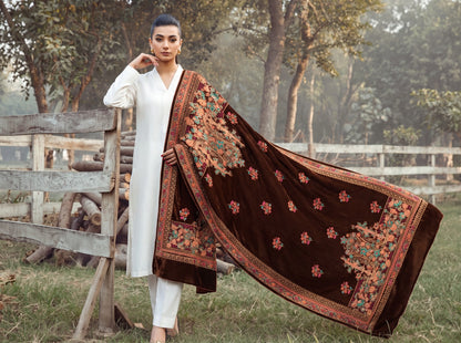 Premium Printed Velvet Shawl D-05 Brown