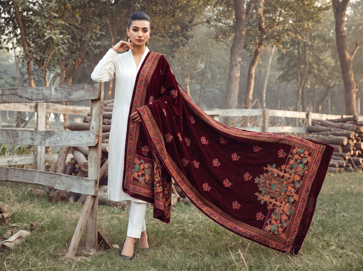 Premium Printed Velvet Shawl D-05 Mehroon